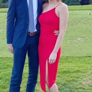 Red one shoulder midi dress!